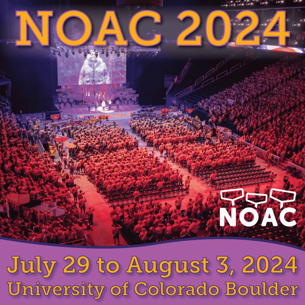 A large indoor arena filled with people wearing orange shirts, watching a stage with a big screen displaying a close-up of a performer, with the text "NOAC 2024" in bold letters at the top, and "July 29 to August 3, 2024 University of Colorado Boulder" at the bottom. Three pairs of glasses are also shown at the bottom with "NOAC" written on them.