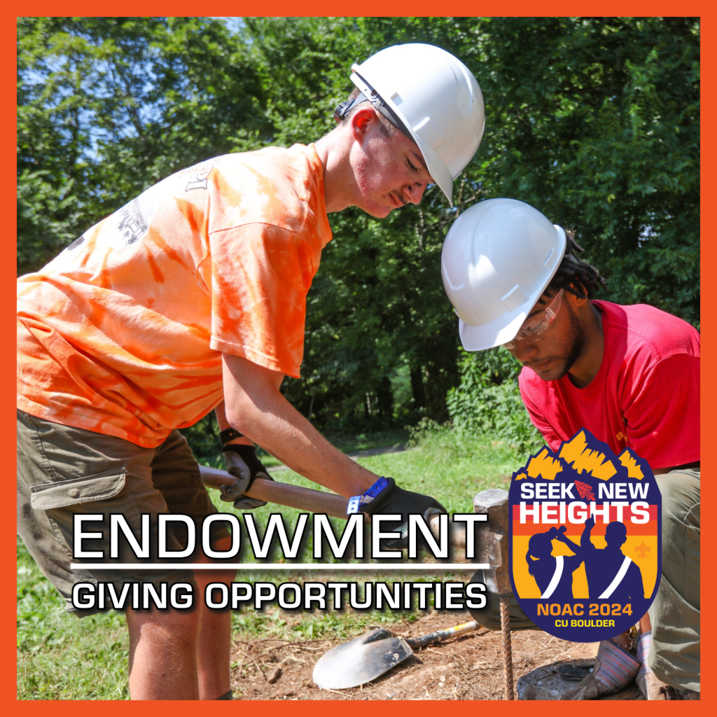 Two people at a construction site use a tool together. One wears an orange shirt, the other a white hard hat and red shirt. The image includes text: "ENDOWMENT GIVING OPPORTUNITIES" with a logo that reads "SEEK NEW HEIGHTS NOAC 2024 CU BOULDER.