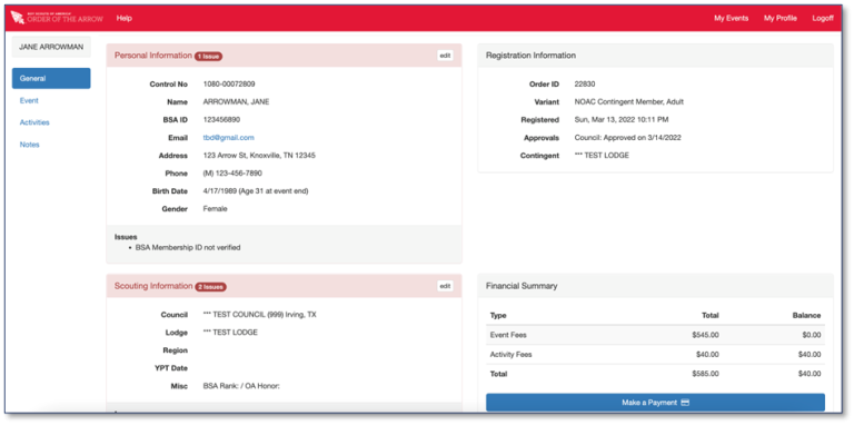 Screenshot of a member profile from an organization's website. The page includes Personal Information, Registration Information, Scouting Information, and a Financial Summary. Sections detail name, contact info, birth date, scouting position, registration, and payment status.